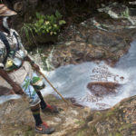 Wanderführer Peter "Bushman" Green kennt alle Wanderwege auf der Insel sehr gut und weiß viele Geschichten zu erzählen. Der sieben bis neun stündige Hike zum Boiling Lake gehört zu den besten Erlebnissen auf der Insel Dominica. Auf dem Weg durch das Valley of Desolation malt Peter seine Visitkarte in den Bach.