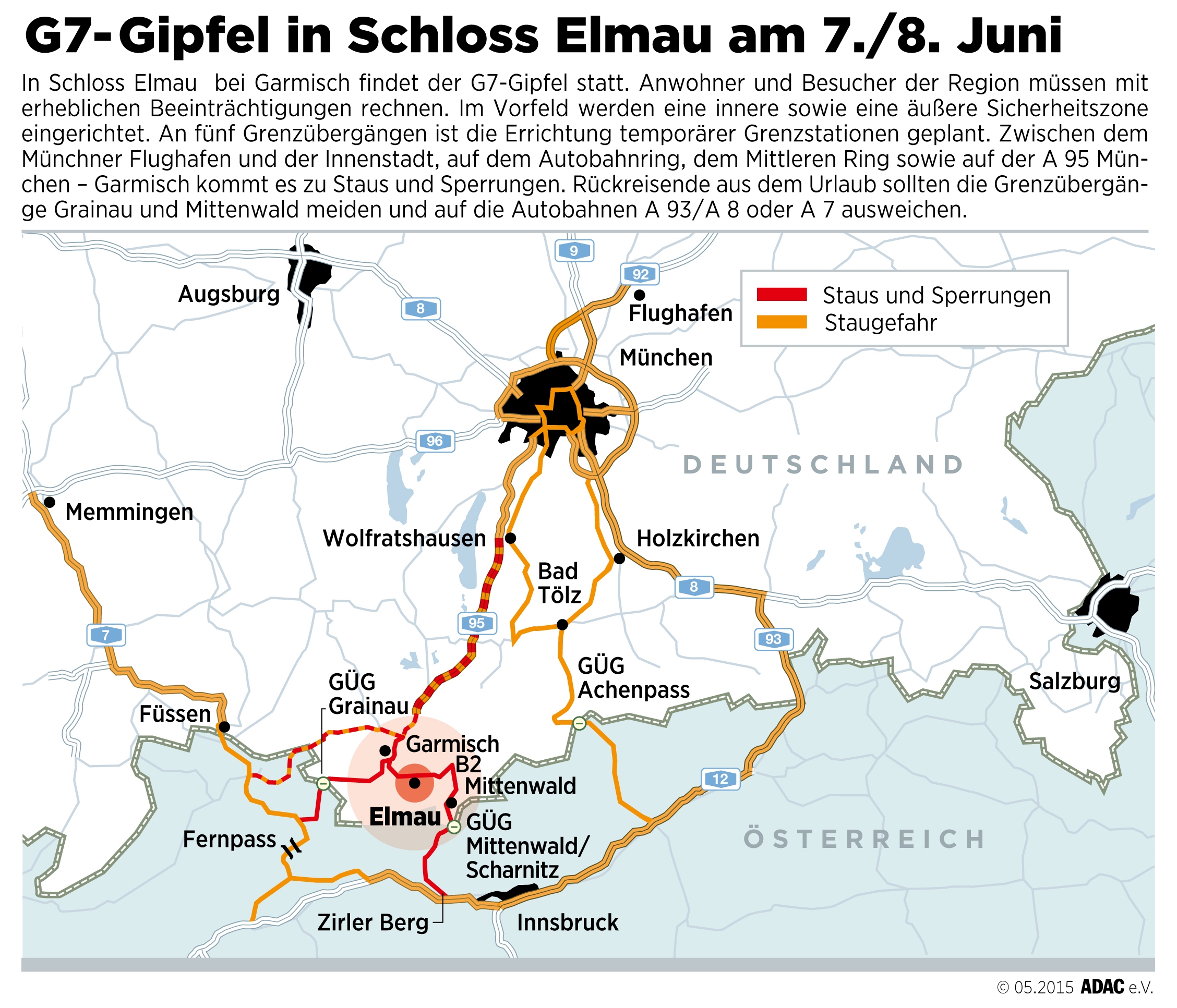 Staus, Sperren und Kontrollen rund um den G7-Gipfel - Autofahrer sollten Großraum Garmisch zwischen dem 6. und dem 8. Juni meiden - ADAC empfiehlt Urlaubern großräumige Umfahrung