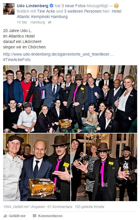 Udo Lindenberg 20 Jahre im Hotel Atlantic Kempinski Hamburg - Screenshot: Udo Lindenberg/Facebook