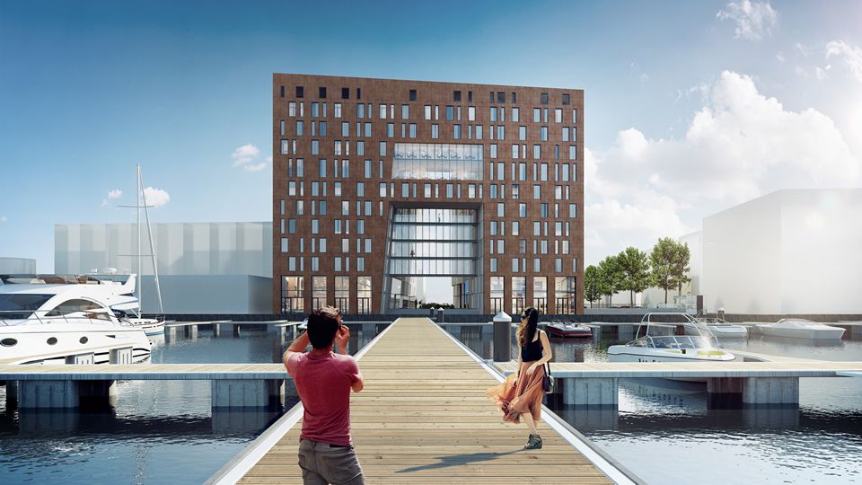 Geplantes Novum Hotel am Hafen von Amsterdam – Eröffnung ist 2019 (Grafik: Novum Hotels)